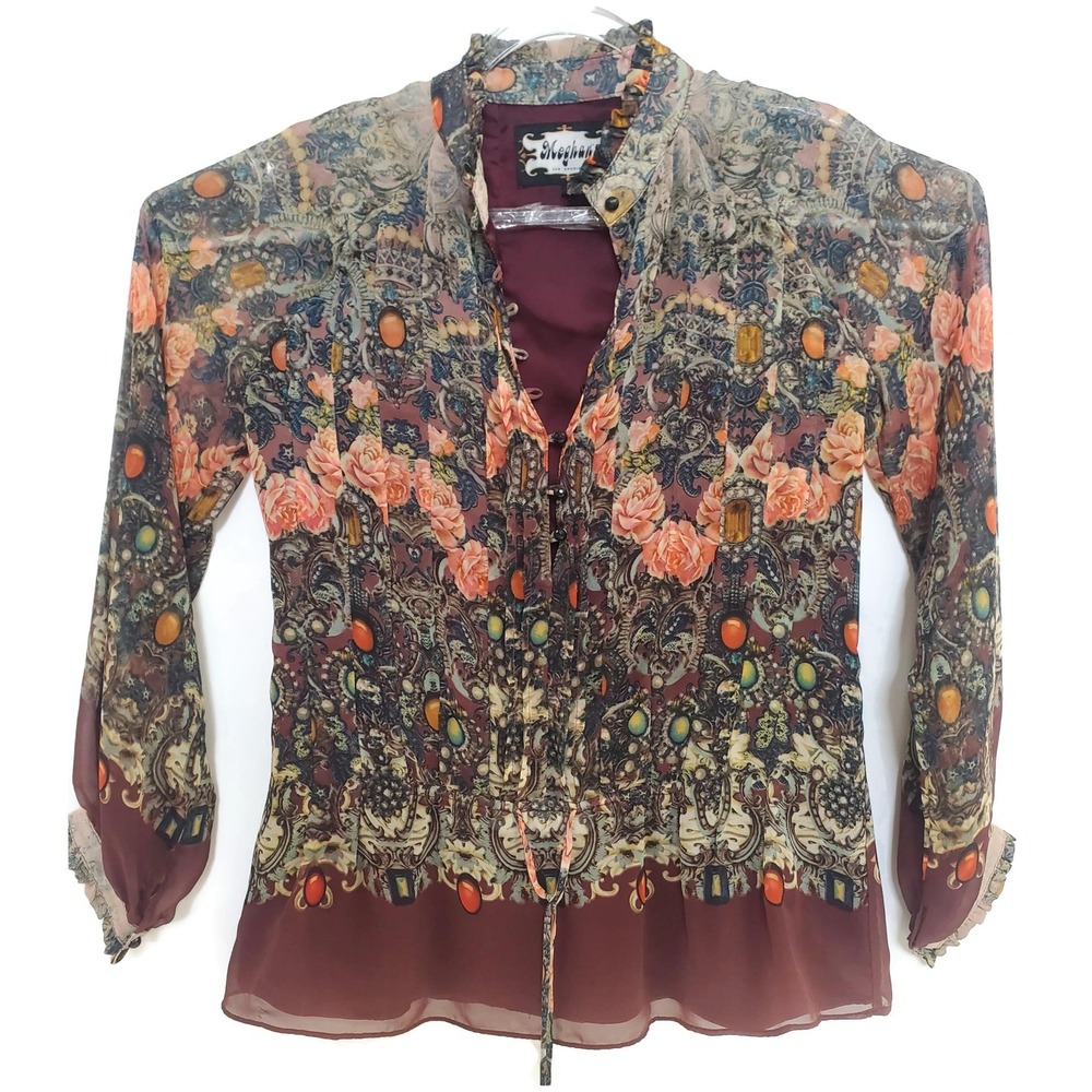Romantic Boho Chiffon Blouse Womens 4 Burgundy Multicolor Sheer Floral Flowy Top